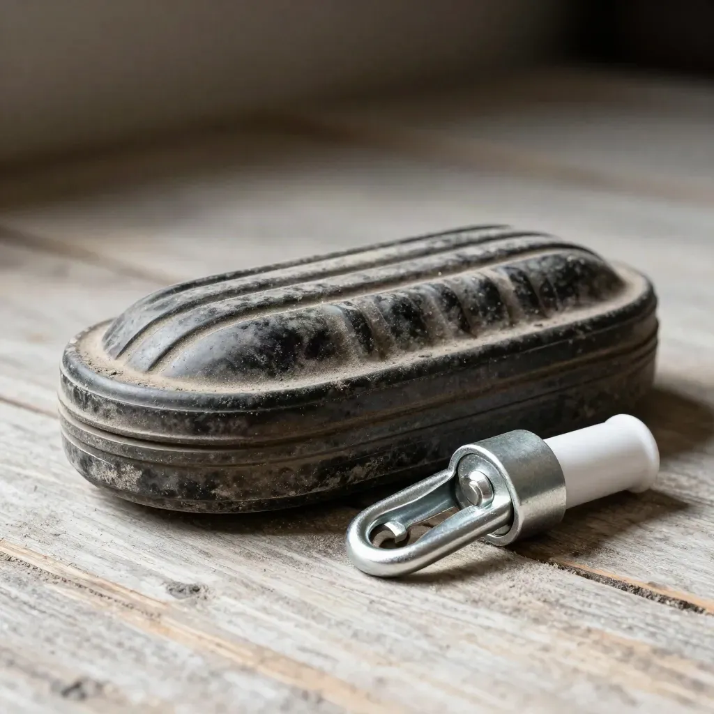 Wheel chock, hitch pin and air-line coupler on weathered pale wood, lit with crisp directional light.