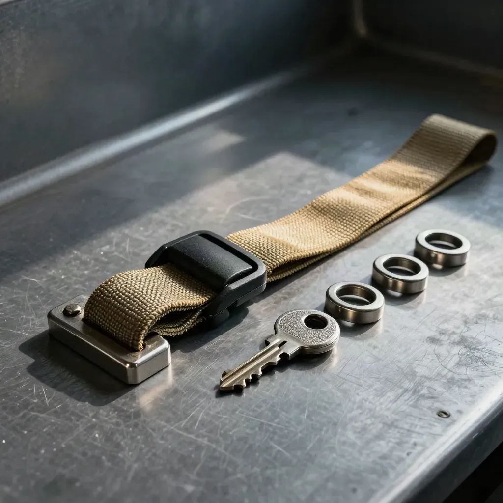 Ratchet strap, cargo seals, and corner protectors on brushed metal