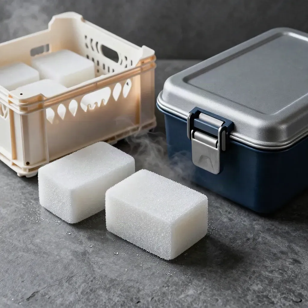 Top-down cold-chain still life with gel bricks, produce crate, and thermal latch on graphite stone.