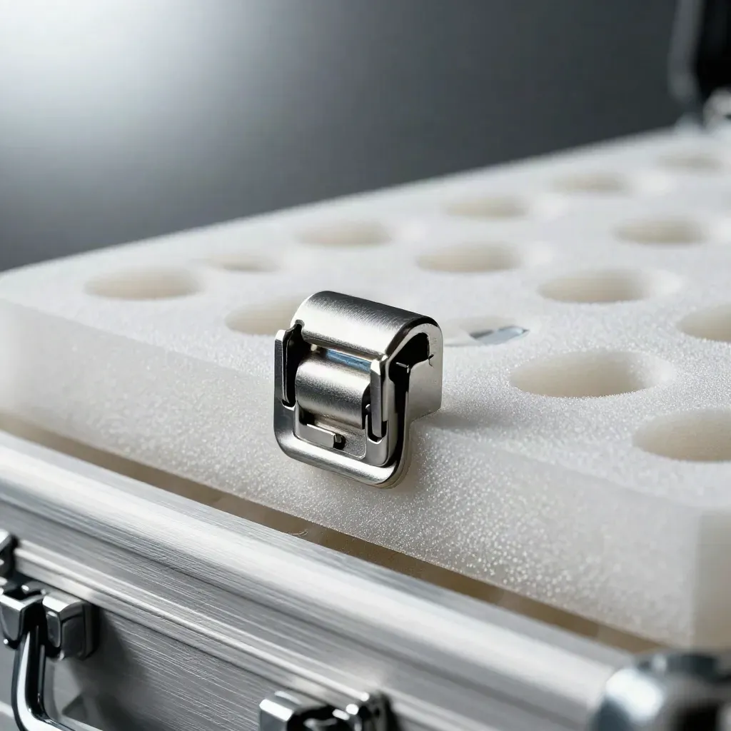 Macro steel latch shutting over a vial tray on brushed steel, with cool mist and slate reflections.