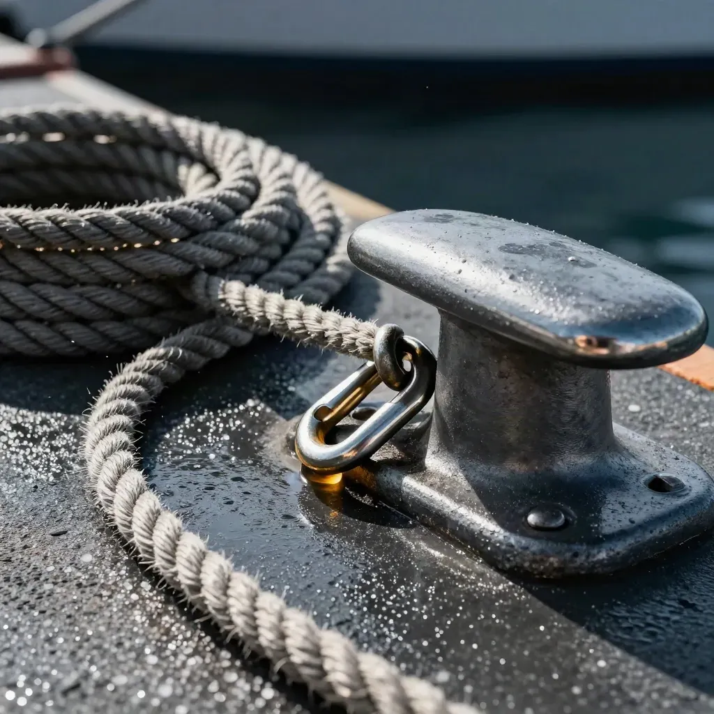 Mooring rope, stainless shackle, and cleat pad on wet dark stone with mist