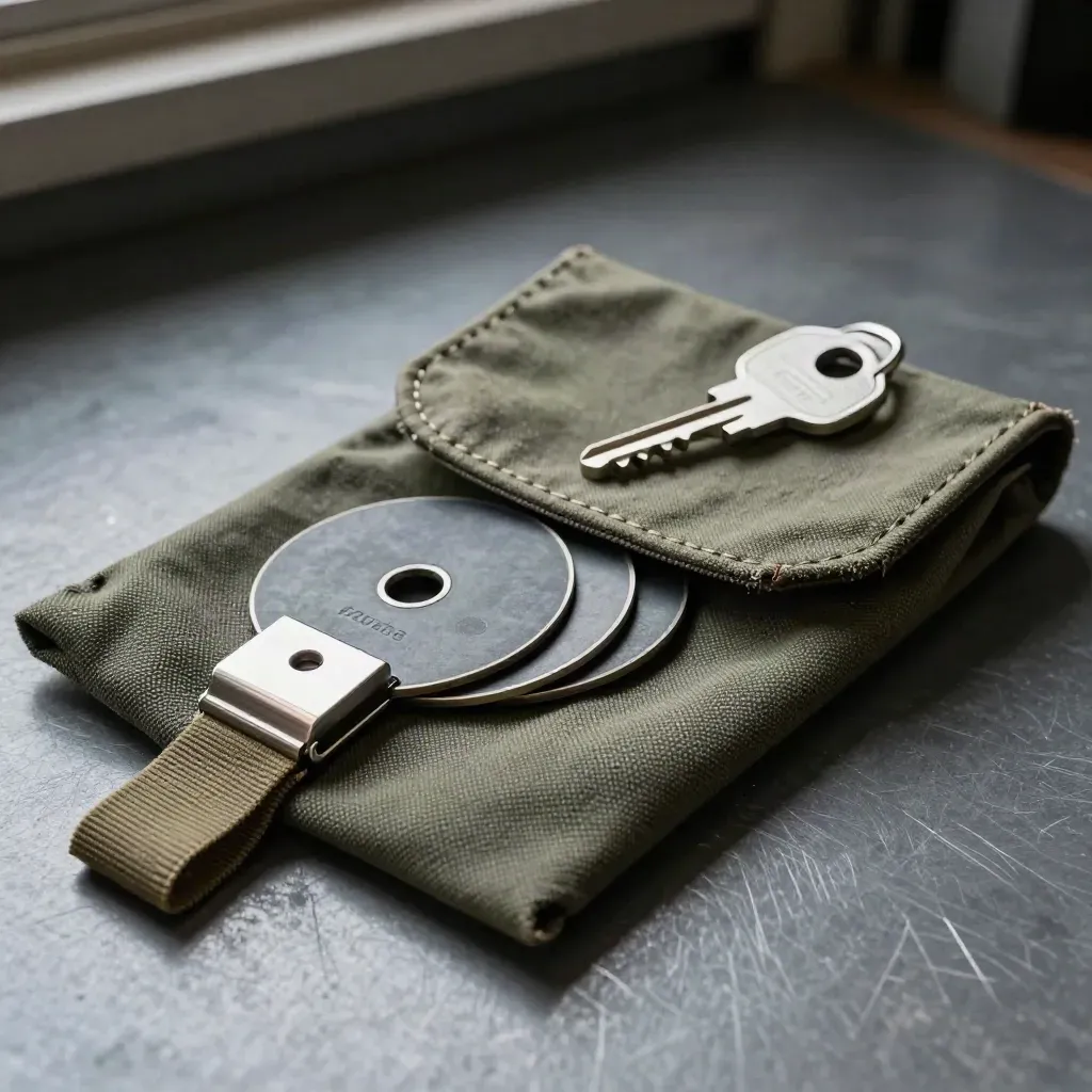 Dispatch pouch with route discs and a metal clip on brushed slate, dramatic still life.