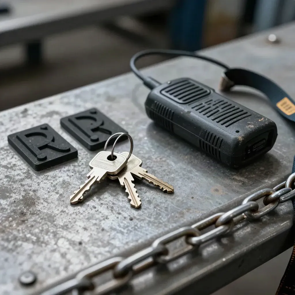 Trailer keys, route markers, radio charger and chain on a warehouse bench in cool mist.