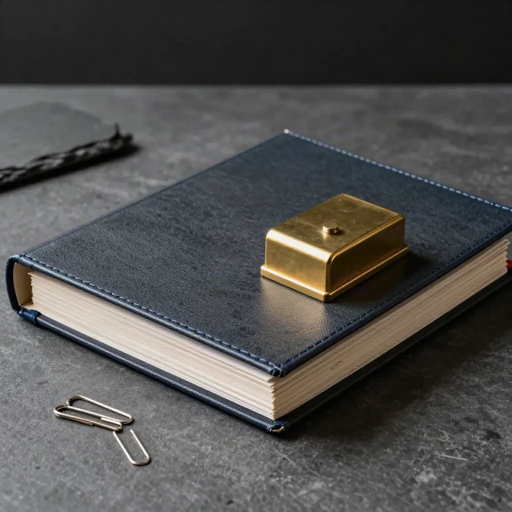 Closed ops binder, brass paperweight and report clips on dark stone in dramatic studio light.