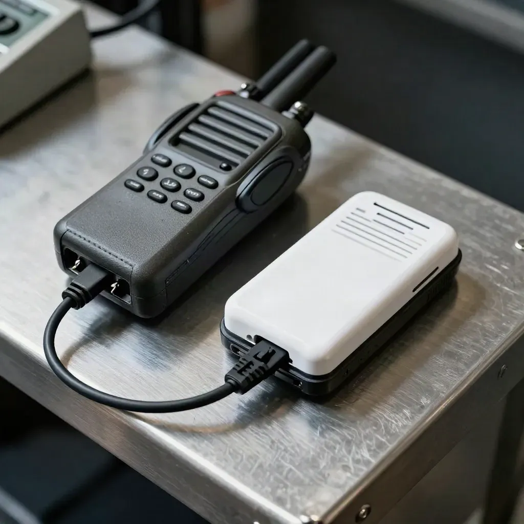Top-down macro of a radio base, pager and charging cord on brushed metal.