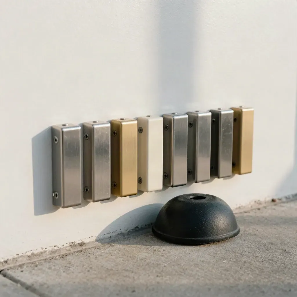 Dock door pegs and magnetic time blocks beside a bay chock on plaster wall.