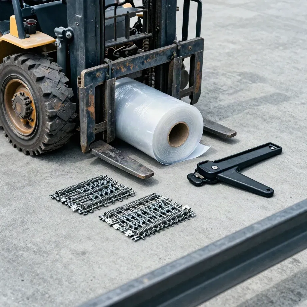 Macro overhead of forklift guard, wrap roll, cutter sheath and shelf clips on concrete.