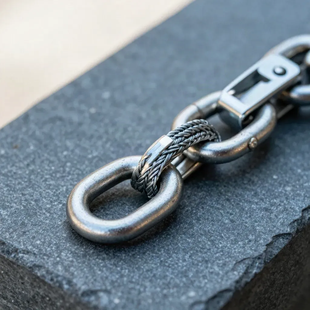 Macro of linked metal rings, braided sleeve, and spring clip on charcoal stone