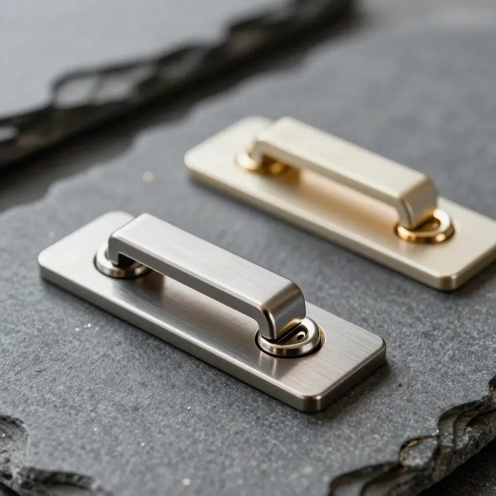 Polished connector loops and latch plates on matte stone with honey-gold highlights.