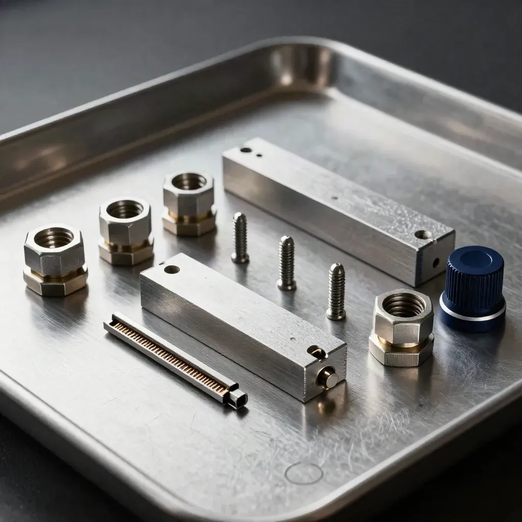 Overhead still life of machined aluminium integration blocks, couplers, and pins on brushed steel.