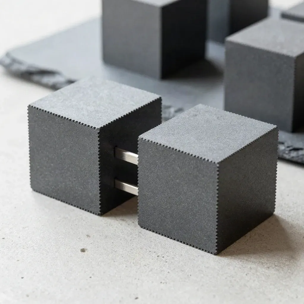Graphite connector cubes and a slim bridge on pale concrete under raking light.