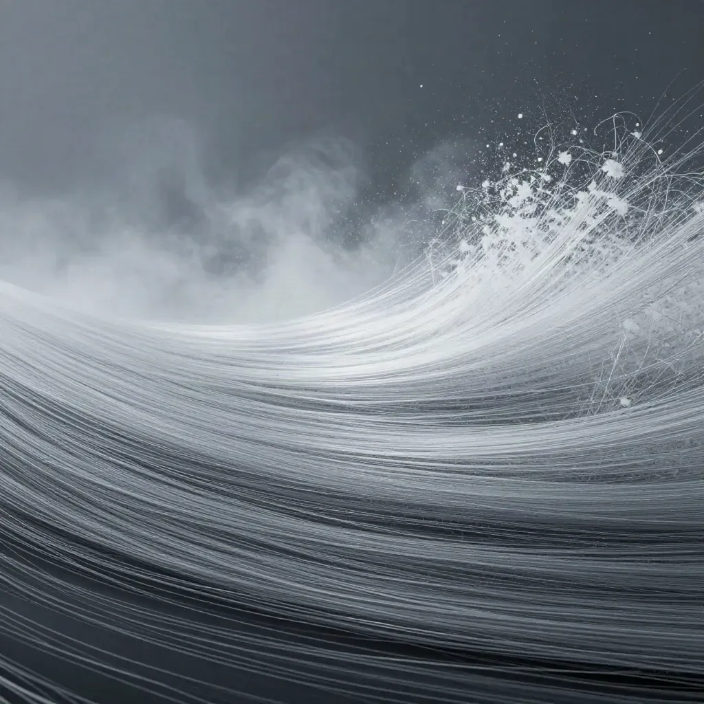 Silver filaments converge into a soft white bloom in dark graphite haze, with calm space for headline.